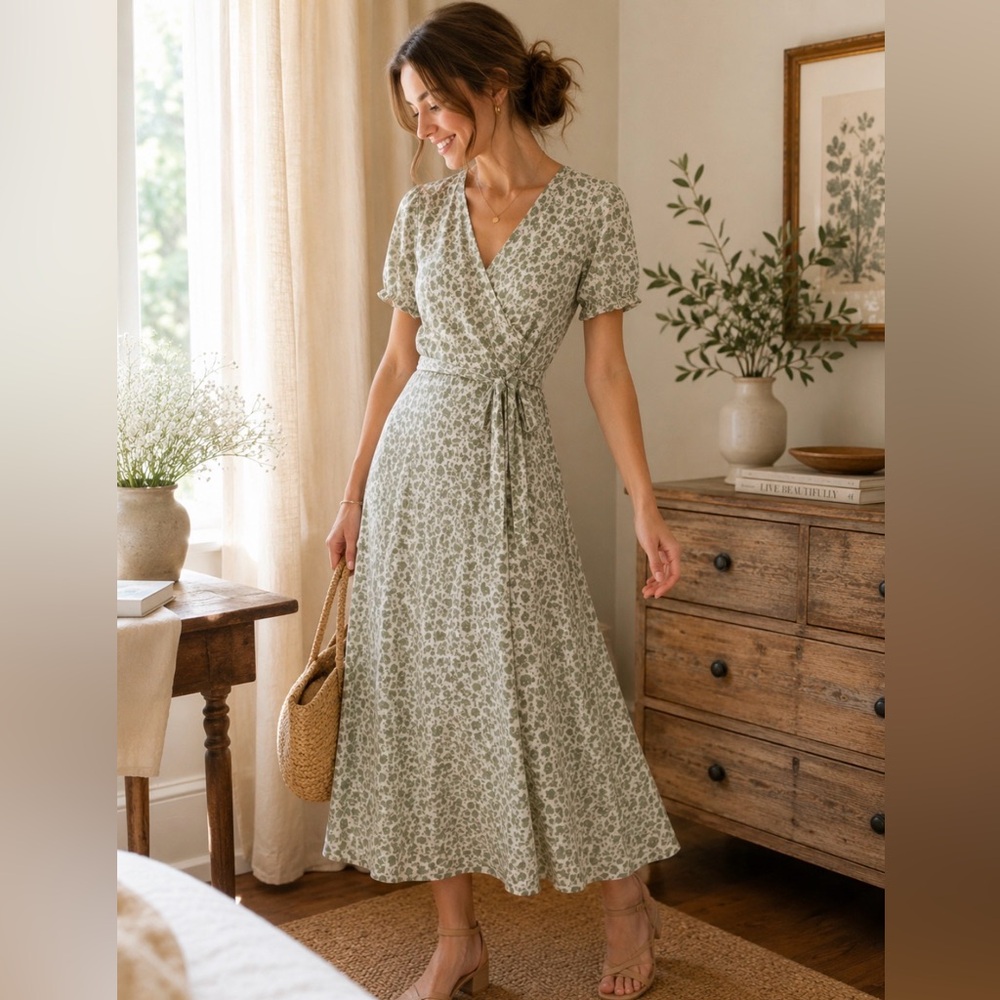Kate & Lily Small Petite Sage Green Floral Faux Wrap Dress